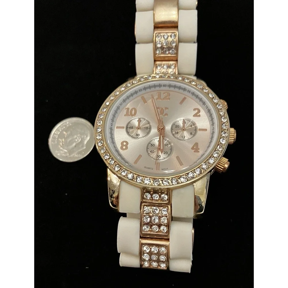Charming Charlie Womens Rhinestone Rose Gold White Acrylic Band Watch Works